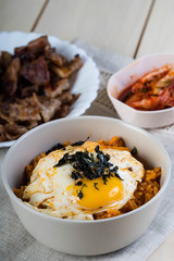 kimchi fried rice with fried egg and nori