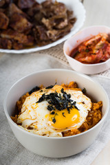 kimchi fried rice with fried egg and nori