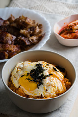 kimchi fried rice with fried egg and nori