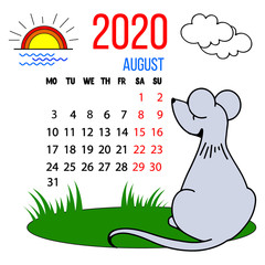 Vector 2020 new year calendar of august month for kids with cute funny mouse watching sunset. Hand drawn illustration. Desktop decoration, mobile app, wallpaper.