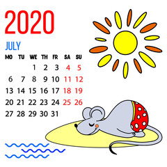 Vector 2020 new year calendar of july month for kids with cute funny mouse taking sun bath. Hand drawn illustration. Desktop decoration, mobile app, wallpaper.