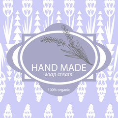 Natural and hand made home cosmetic concept. Pattern, label and logo design template for organic soap packaging. Ornamenatal seamless background with simple decorative and hand drwan elements.Lavender