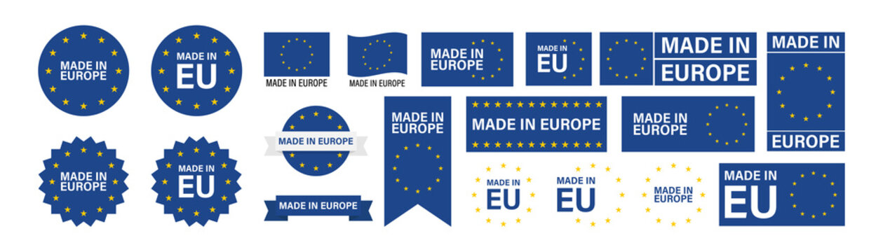 Made in Europe set flat icon for banner design. EU product isolated vector