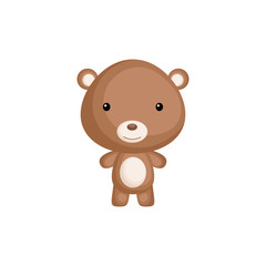 Cute funny baby bear isolated on white background. Wild woodland adorable animal character for design of album, scrapbook, card and invitation. Flat cartoon colorful vector illustration.