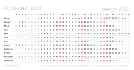 Linear calendar, 2021 year. Vector. Template grid planner. Yearly calender. Annual schedule with months. Week starts Sunday. Simple style. Landscape horizontal orientation, english. Long illustration.