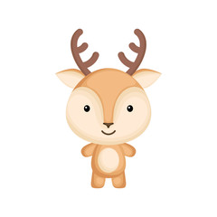 Cute funny baby deer isolated on white background. Forest adorable animal character for design of album, scrapbook, card and invitation. Flat cartoon colorful vector illustration.