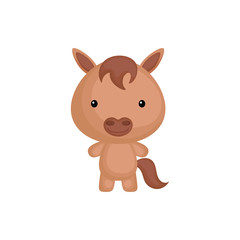 Cute funny baby horse isolated on white background. Farm adorable animal character for design of album, scrapbook, card and invitation. Flat cartoon colorful vector illustration.