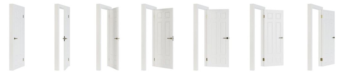 Interroom door isolated on white background. Set of wooden doors at different stages of opening. 3D rendering.