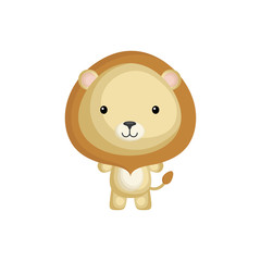 Obraz premium Cute funny baby lion isolated on white background. Wild african adorable animal character for design of album, scrapbook, card and invitation. Flat cartoon colorful vector illustration.