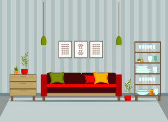 living room interior with furniture, flat cartoon vector illustration