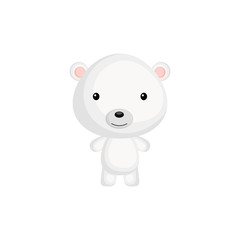Obraz na płótnie Canvas Cute funny baby polar bear isolated on white background. Wild arctic adorable animal character for design of album, scrapbook, card and invitation. Flat cartoon colorful vector illustration.