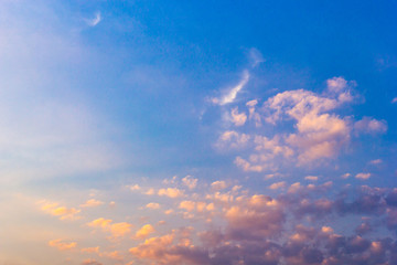 Colorful sunset sky above clouds with dramatic light in twilight time. Beautiful sunset background