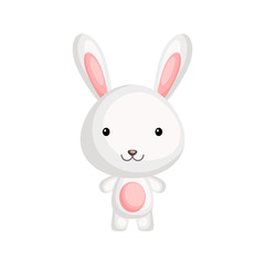 Cute funny baby rabbit or hare isolated on white background. Wild forest adorable animal character for design of album, scrapbook, card and invitation. Flat cartoon colorful vector illustration.