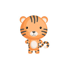 Cute funny baby tiger isolated on white background. Jungle adorable animal character for design of album, scrapbook, card and invitation. Flat cartoon colorful vector illustration.