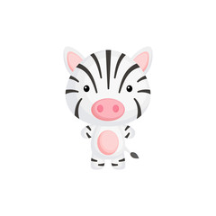 Cute funny baby zebra isolated on white background. Wild african adorable animal character for design of album, scrapbook, card and invitation. Flat cartoon colorful vector illustration.