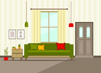 room interior with doors and furniture, flat vector illustration