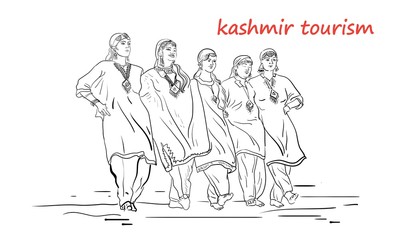 kashmir people dancing line drawing vector