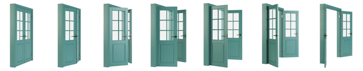Interroom door isolated on white background. Set of wooden doors at different stages of opening. 3D rendering.