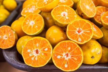 Orange slices cut oranges for orange juice.