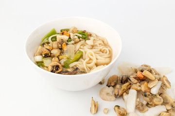 Seafood kalguksu on white background