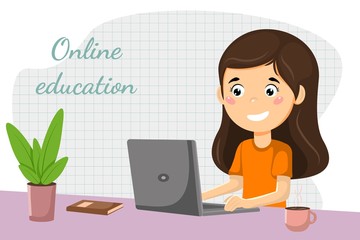 Online learning young girl studying at a laptop vector illustration concept