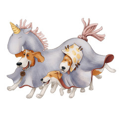 Crazy hound dogs dressed in a unicorn costume. Funny puppies are playing. isolated on a white background. - 352848759