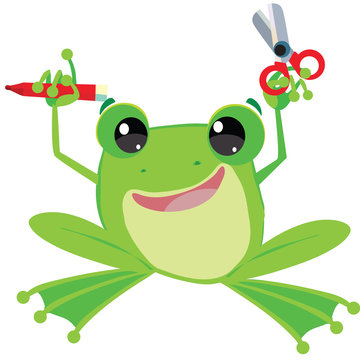frog with a felt-tip pen and scissors in hand ready for handwork