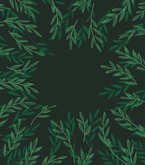 Vector illustration of decoration branches with leaves and grass, nature background. Landscape background with forest.