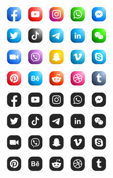 Popular Social Media IOs Modern 3D And Flat Icons Vector Set White Background. Facebook Twitter Viber Behance Youtube Linkedin Zoom Instagram Tiktok Snapchat Whatsapp Skype Messenger Wechat Reddit
