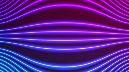 Retro futuristic background. Cyberpunk neon backdrop. Multiple neon lights. Curved shape. Pink and blue color. Sci-fi abstract design. Print, banner or party flyer template. Stock vector illustration.