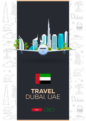 Obraz premium UAE. Travel to Dubai. Hand draw doodle background. Vector illustration.