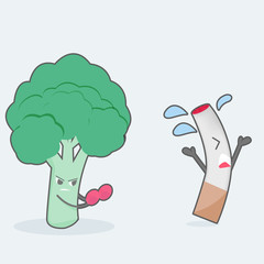 funny illustration of a broccoli mascot against cigarettes. stop smoking concept. flat design