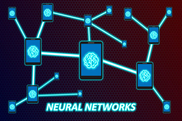 Neural networks, stylization in the form of a digital neon smartphone network with brain on cyber background. Vector