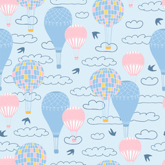 Children's seamless pattern with air balloons, clouds and birds on blue background. Cute texture for kids room design, Wallpaper, textiles, wrapping paper, apparel. Vector illustration