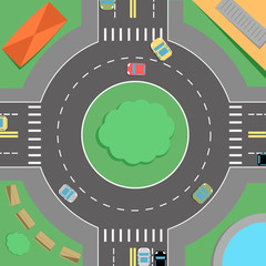 Roundabout with cars with road markings, trees and buildings on the sidewalk vector drawing