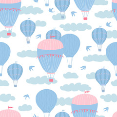 Children's seamless pattern with air balloons, clouds and birds on white background. Cute texture for kids room design, Wallpaper, textiles, wrapping paper, apparel. Vector illustration