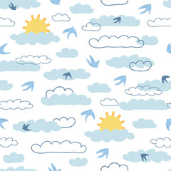 Children's seamless pattern with sun, clouds on white background in cartoon style. Cute texture for kids room design, Wallpaper, textiles, wrapping paper, apparel. Vector illustration