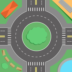 Roundabout with road markings, trees and buildings on the sidewalk vector drawing