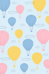 Children's poster with air balloons, sun, clouds in cartoon style. Cute concept for kids print. Illustration for the design postcard, textiles, apparel. Vector