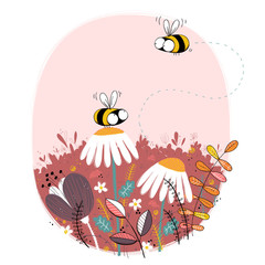 Honey bee illustration with floral background. Cartoon set. EPS10 vector file.