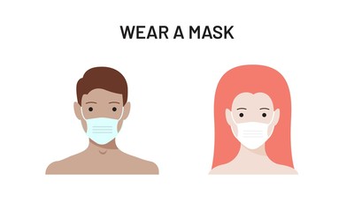 Wear a face mask vector flat icon. Man and woman in medical protective mask