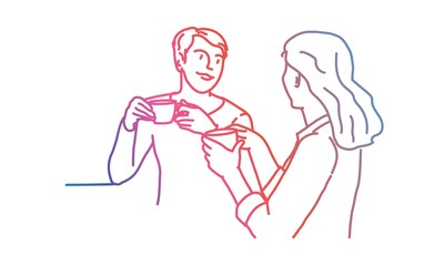 Young women enjoying cup of coffee in cafe. Rainbow colors in linear vector illustration.