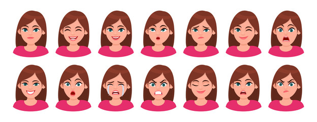 Set of different facial expressions female character. Collection of young woman feelings. Beautiful girl emoji with various emotions. Collage of cute lady's portrait. Cartoon illustration in vector.