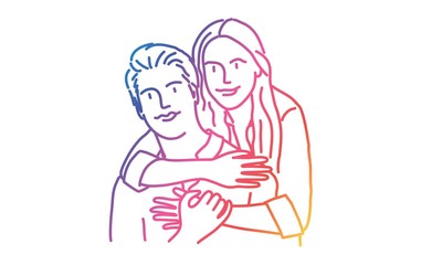 Happy couple hugs each other. Rainbow colors in linear vector illustration.