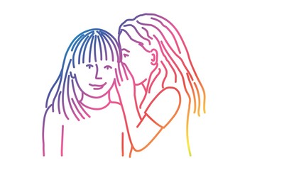 Girl whispering something in an ear of her friend. Rainbow colors in linear vector illustration.