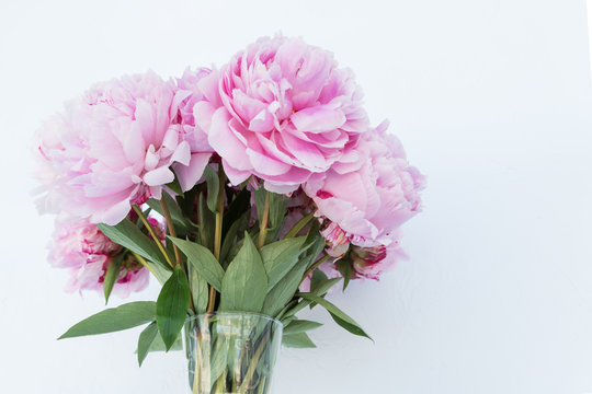 close up image of bouquet of pink peony in transparent vaze on white background,  greetings and congratulations with mother's day, birthday, anniversary. Holiday concept. Copy space for text