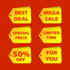 set of sale tags with sample wording  : best deal, mega sale, special price, limited time, 50% off, for you. - 352856586