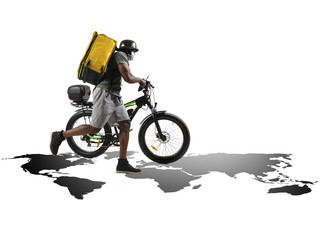 Home delivery, food purchase via the Internet. Deliveryman on bike arriving to any address worldwide on map with your order. Man hurrying up to delivery point with thermo bag. Courier service, safety.