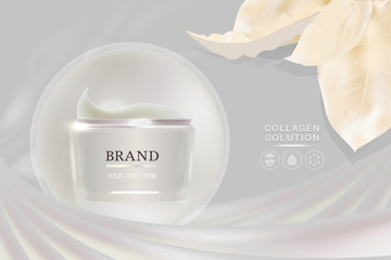 Beauty product ad design, white cosmetic container with natural concept advertising background ready to use, luxury skin care banner, illustration vector.