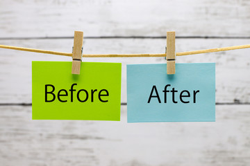 洗濯挟みで吊るされた「before」と「after」のカード